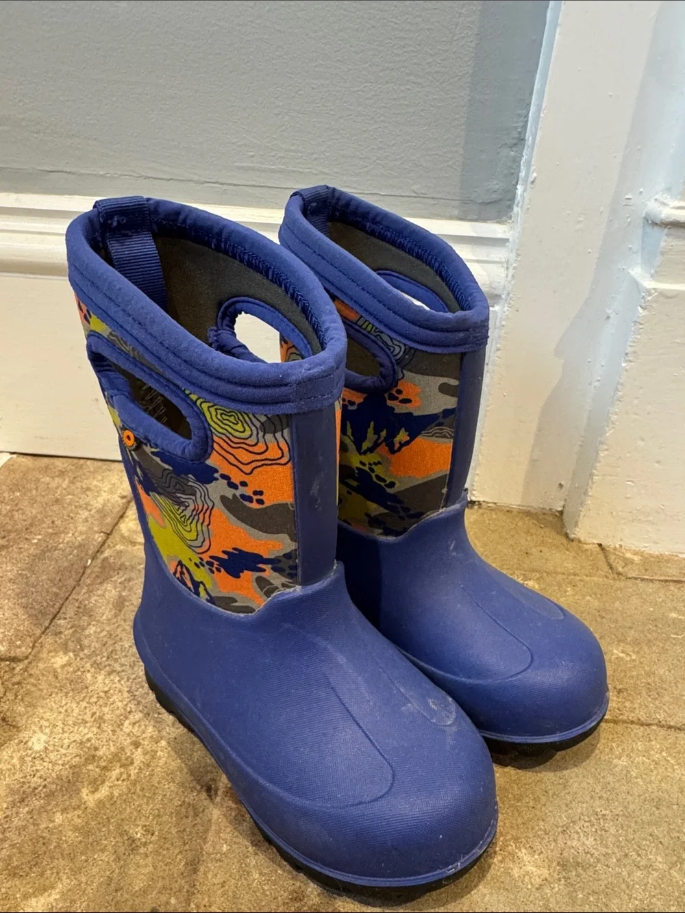Bogs Kids Blue Rain & Snow Boots with Orange and Yellow Accents